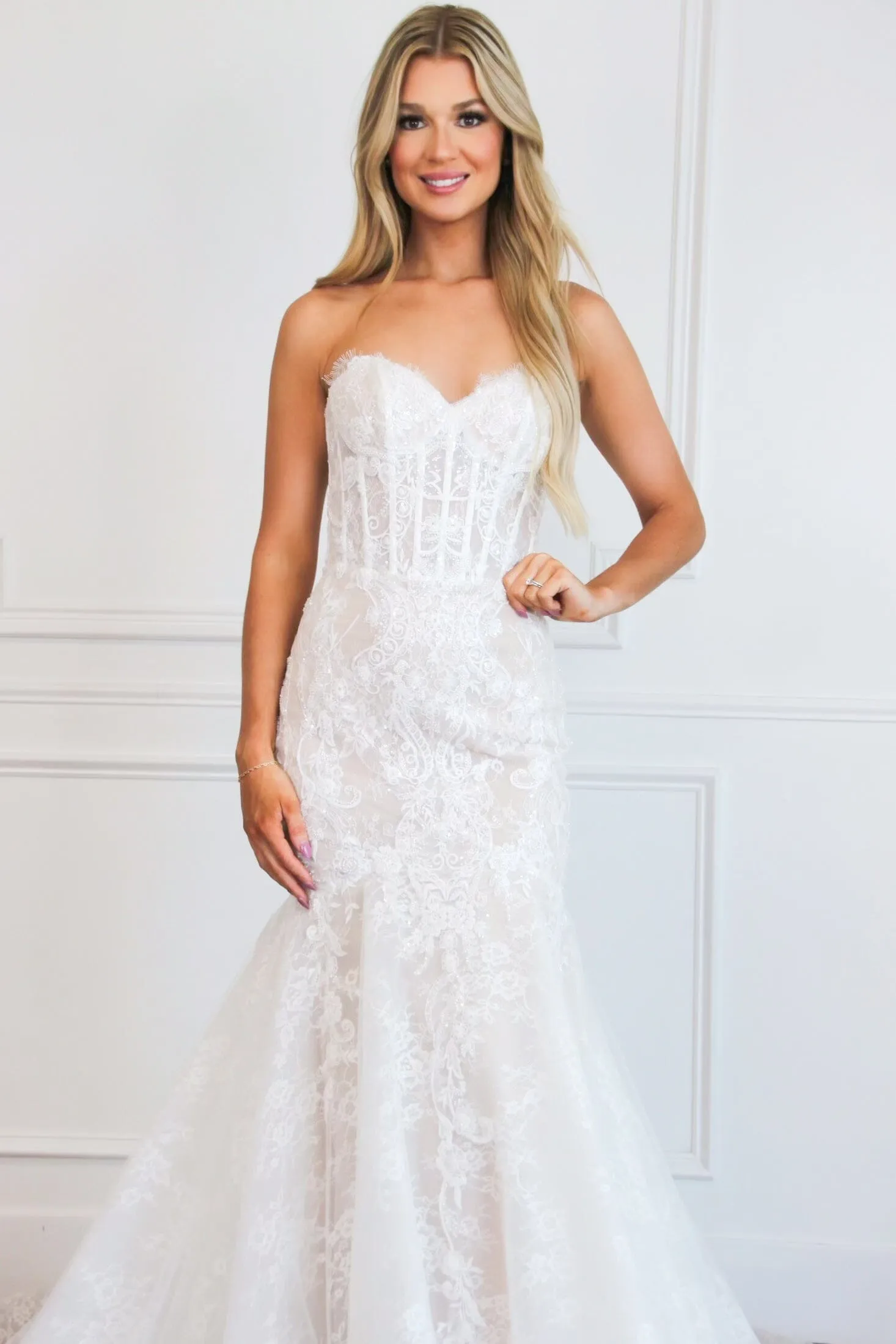 Primrose Lace Detachable Sleeve Mermaid Wedding Dress: White/Nude