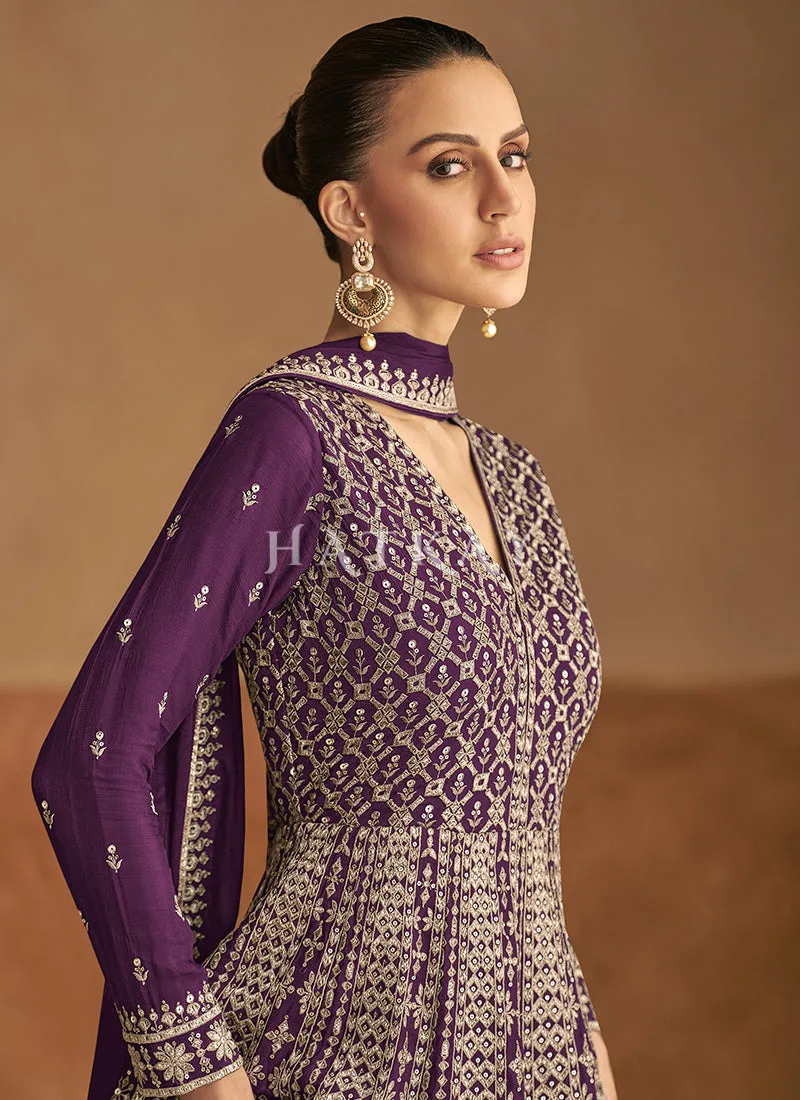 Purple Traditional Embroidery Festive Anarkali Gown