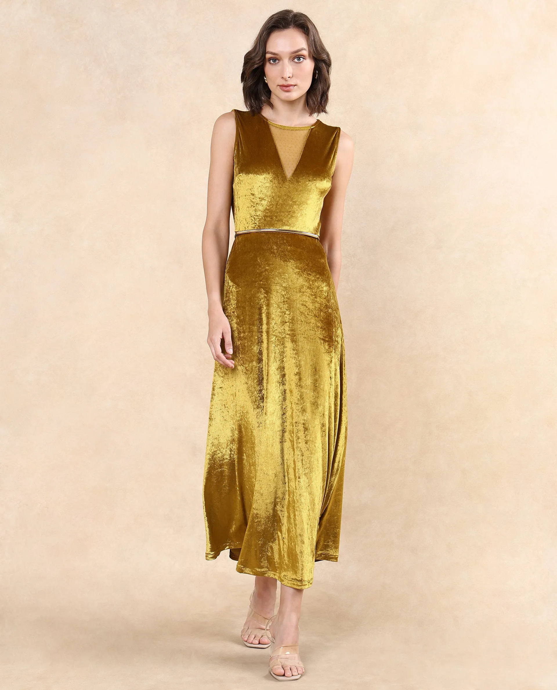 Rareism Women Clementi Olive Velvet Sleeveless V-Neck Zipper Closure Fit And Flare Maxi Plain Dress
