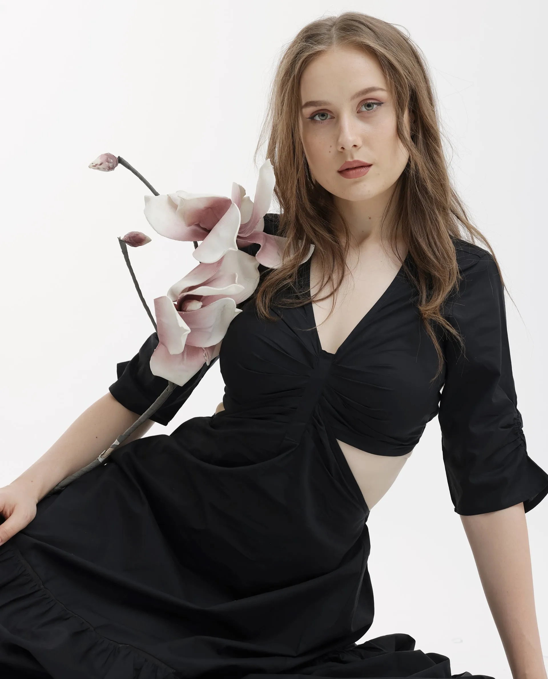 Rareism Women Lesman Black Cotton Fabric Short Sleeves V-Neck Puff Sleeve Fit And Flare Plain Maxi Dress