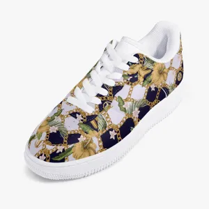 Retro Vegan Leather Low-Top Sneakers, Vintage Baroque Print, Y2K 90's Aesthetic Footwear, Exceptional Comfort and Durability