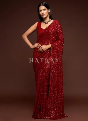 Ruby Red Sequins Embroidery Georgette Saree