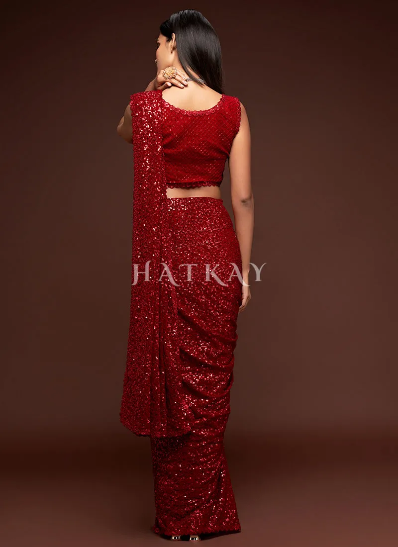 Ruby Red Sequins Embroidery Georgette Saree