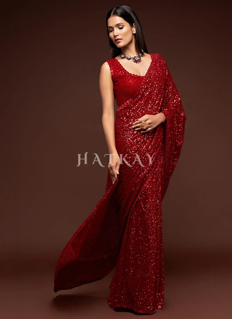 Ruby Red Sequins Embroidery Georgette Saree