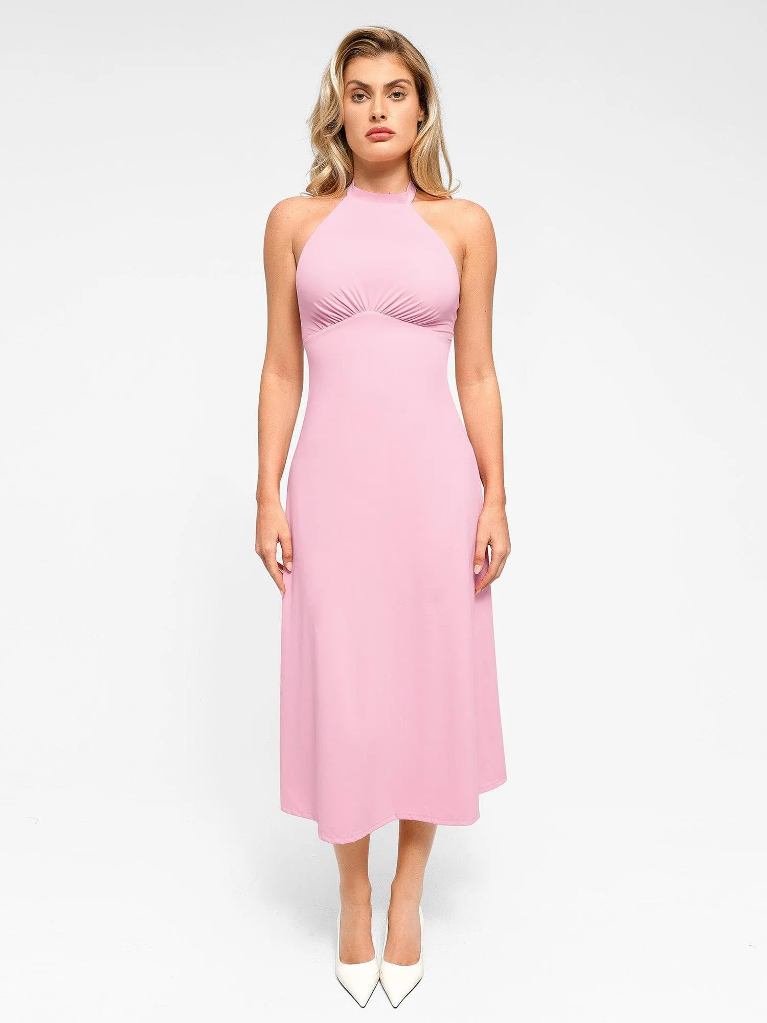 Shapewear Sculpting Backless Halter A-Line Midi Dress
