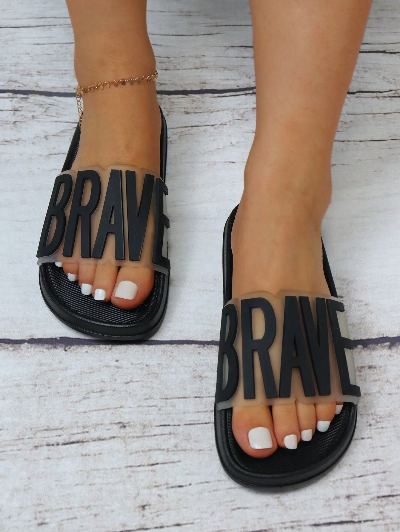 SHEIN Women Letter Decor Single Band Slides, Fashionable Black Comfortable Slides