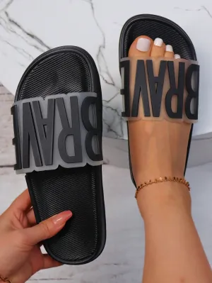 SHEIN Women Letter Decor Single Band Slides, Fashionable Black Comfortable Slides