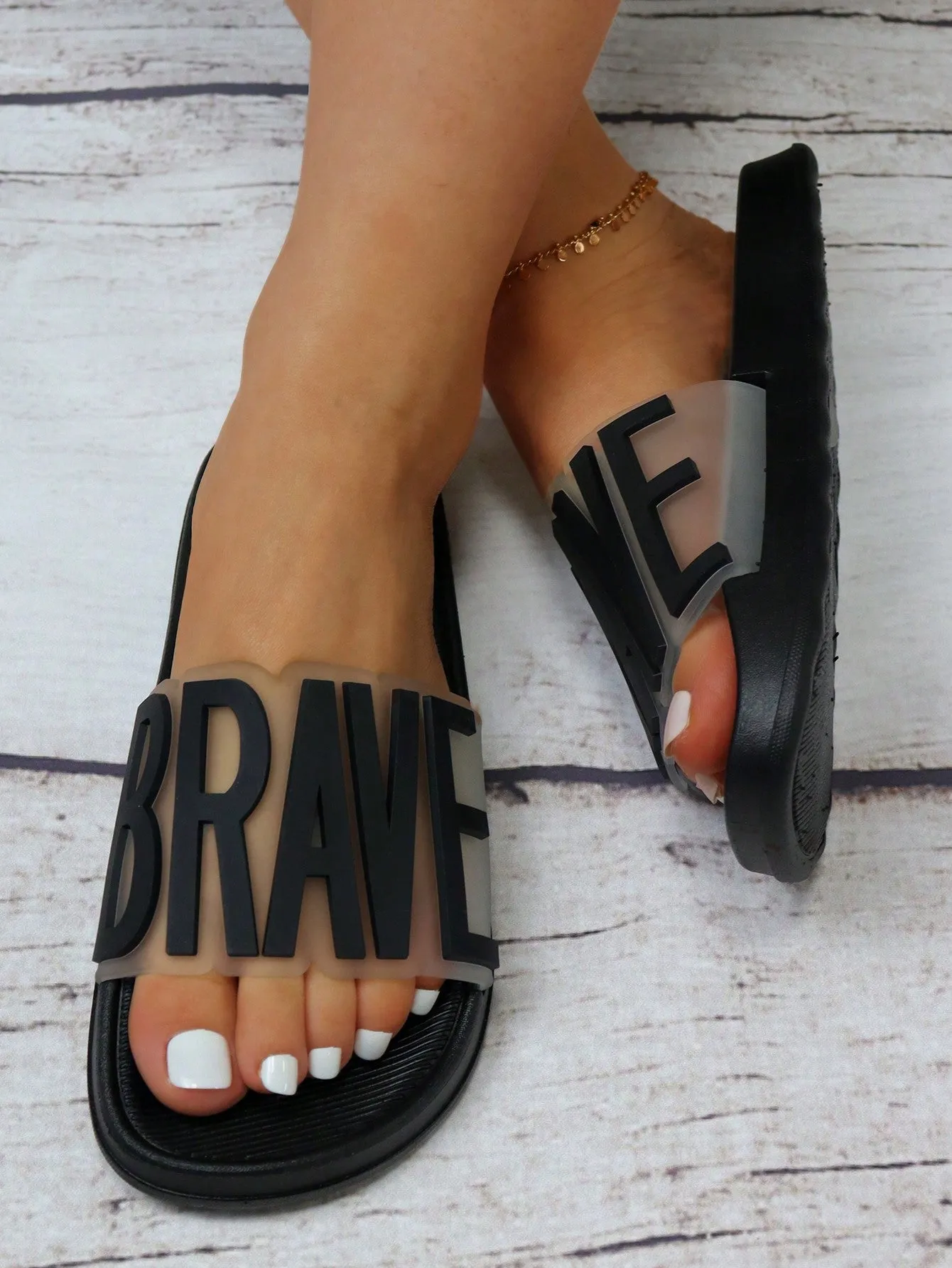SHEIN Women Letter Decor Single Band Slides, Fashionable Black Comfortable Slides