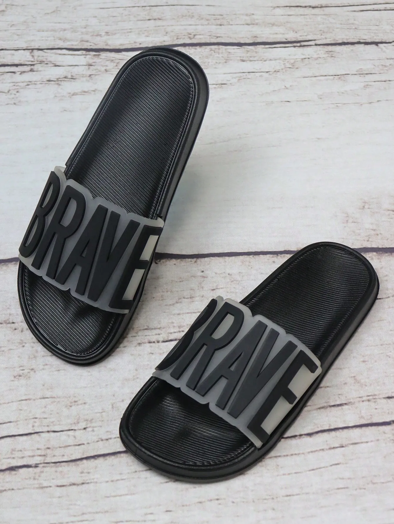 SHEIN Women Letter Decor Single Band Slides, Fashionable Black Comfortable Slides