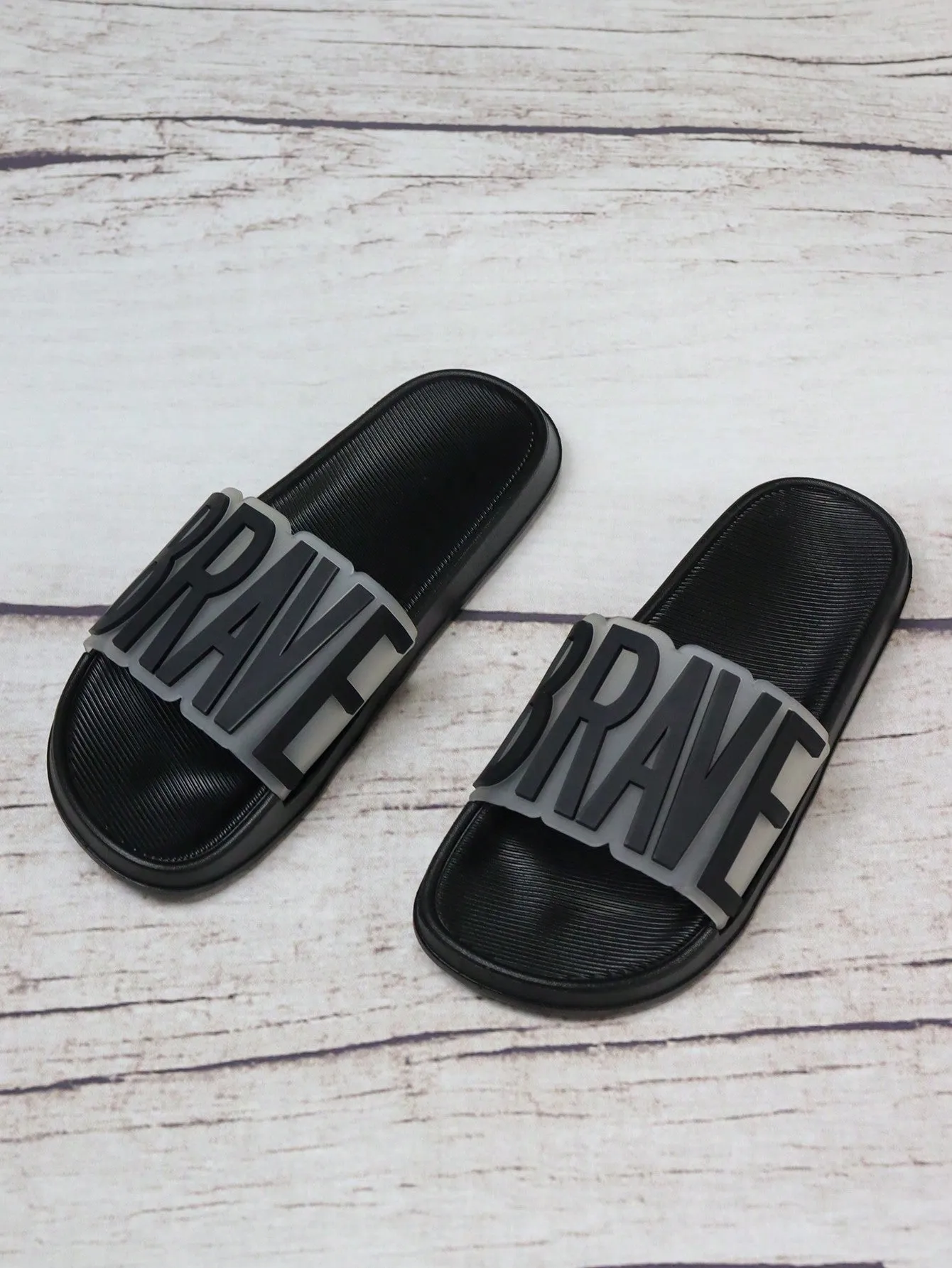 SHEIN Women Letter Decor Single Band Slides, Fashionable Black Comfortable Slides