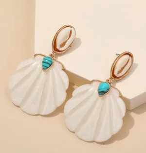 Shell decor turquoise and cream colored dangle earrings