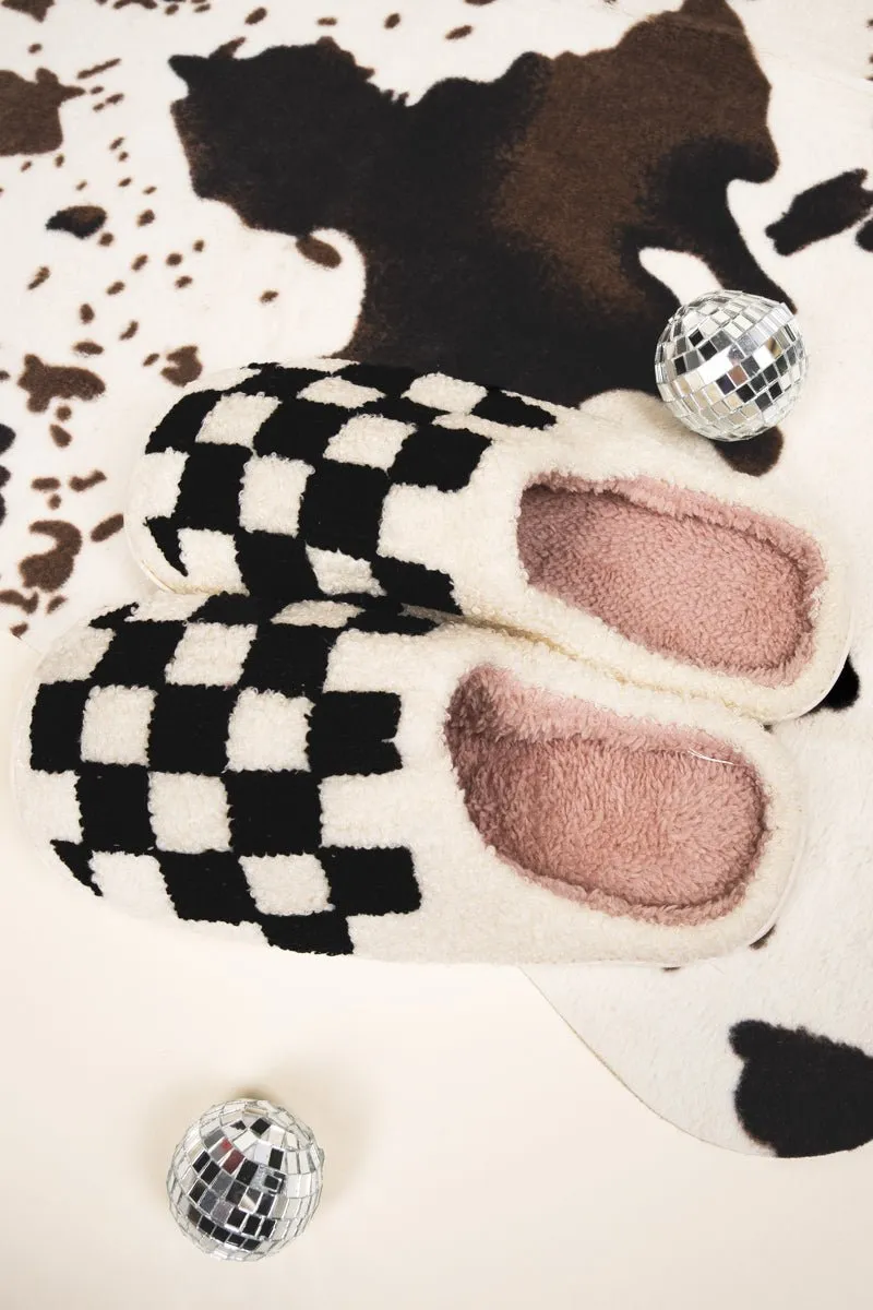Slow Morning Black and Ivory Check Plush Slippers