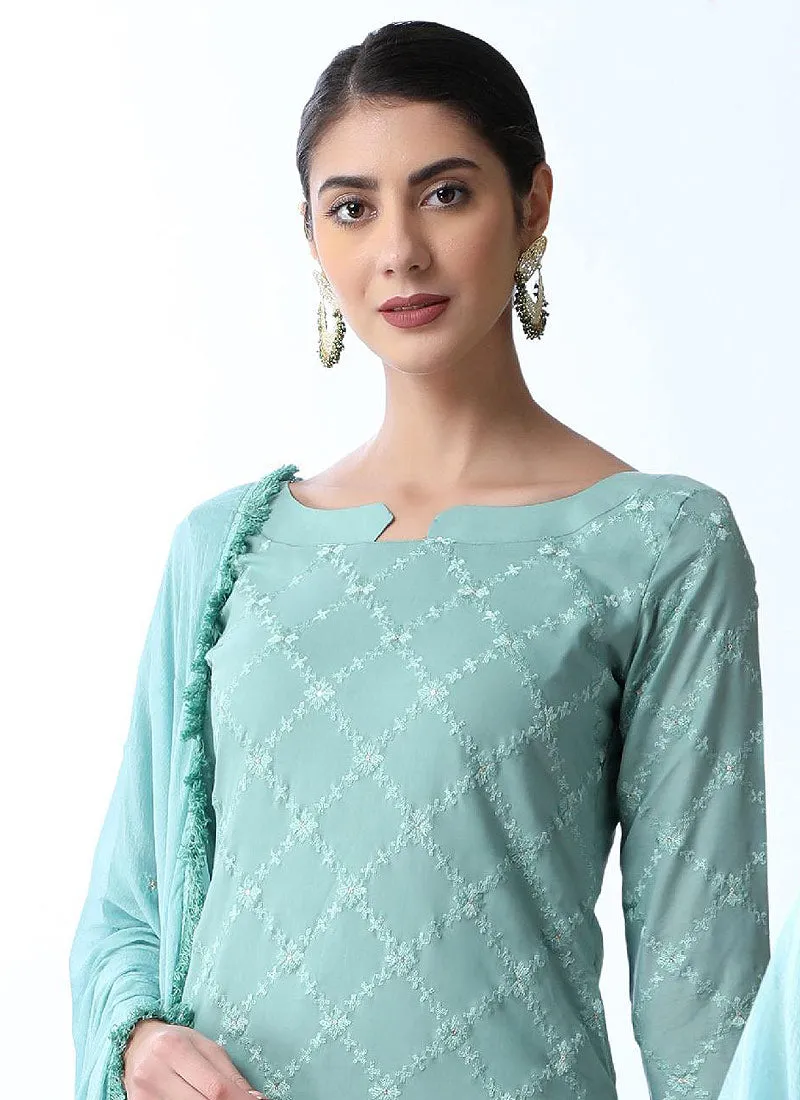 Teal Blue And Green Embroidered Palazzo Style Suit