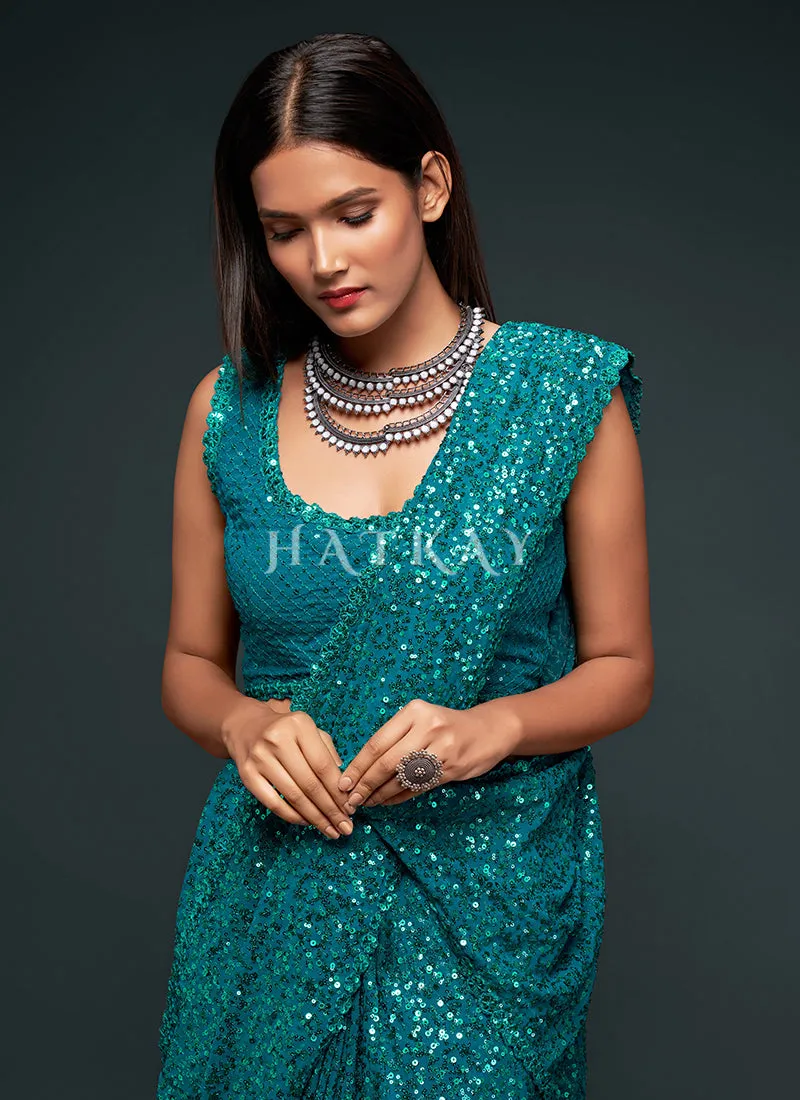 Teal Blue Sequins Embroidery Georgette Saree