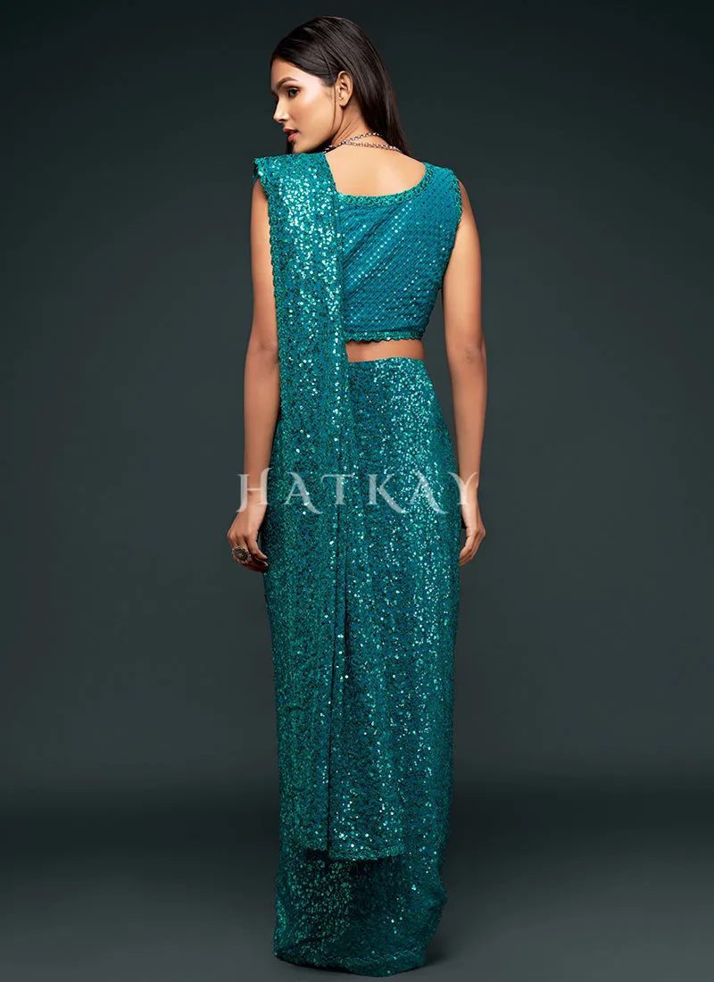 Teal Blue Sequins Embroidery Georgette Saree