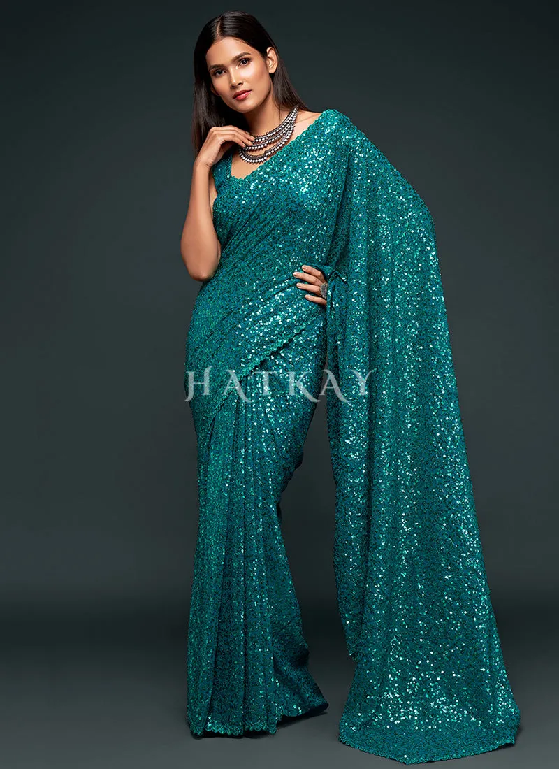 Teal Blue Sequins Embroidery Georgette Saree