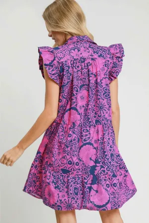 Umgee Full Size Printed Ruffle Cap Sleeve Babydoll Dress Plus Size