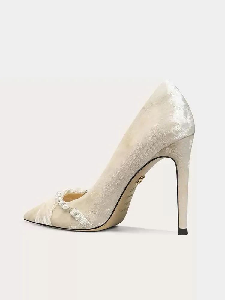 Vintage Inspired Velvet Pointed-Toe High Heels with Pearl Embellishment