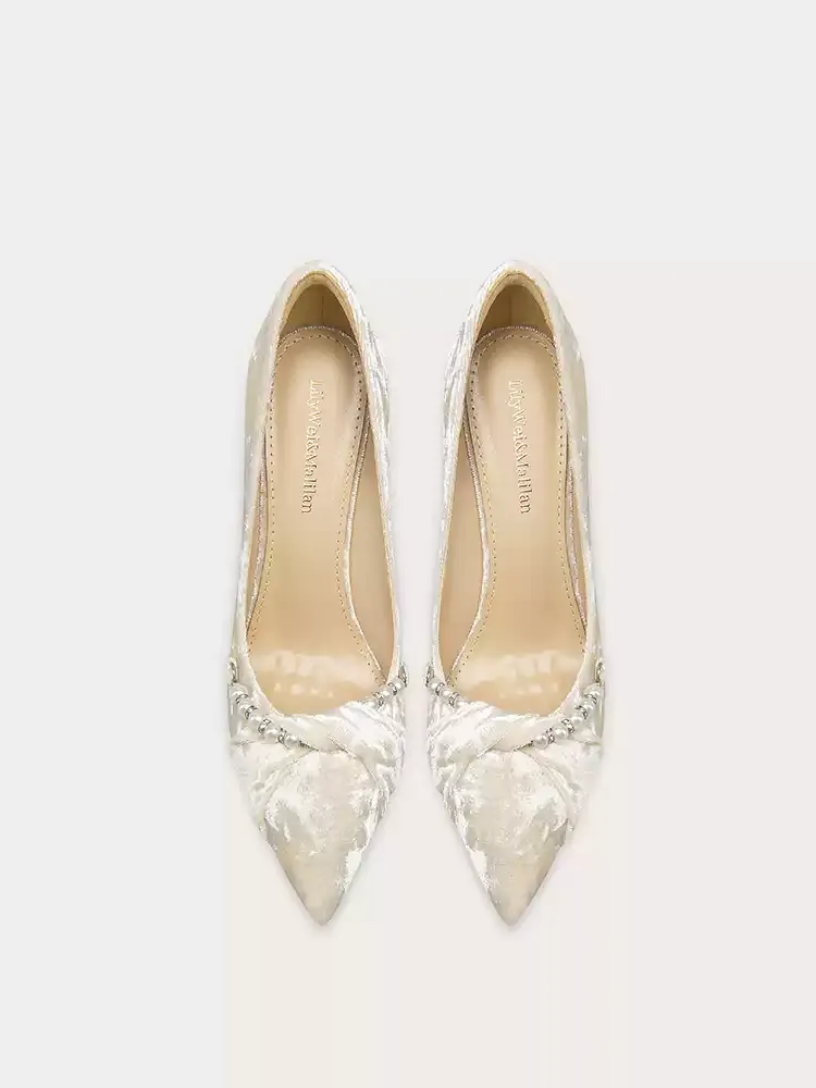 Vintage Inspired Velvet Pointed-Toe High Heels with Pearl Embellishment