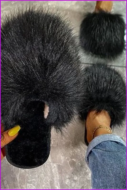 Warm Faux Fur Ladies Cross Soft Plush Furry House Slippers F1646