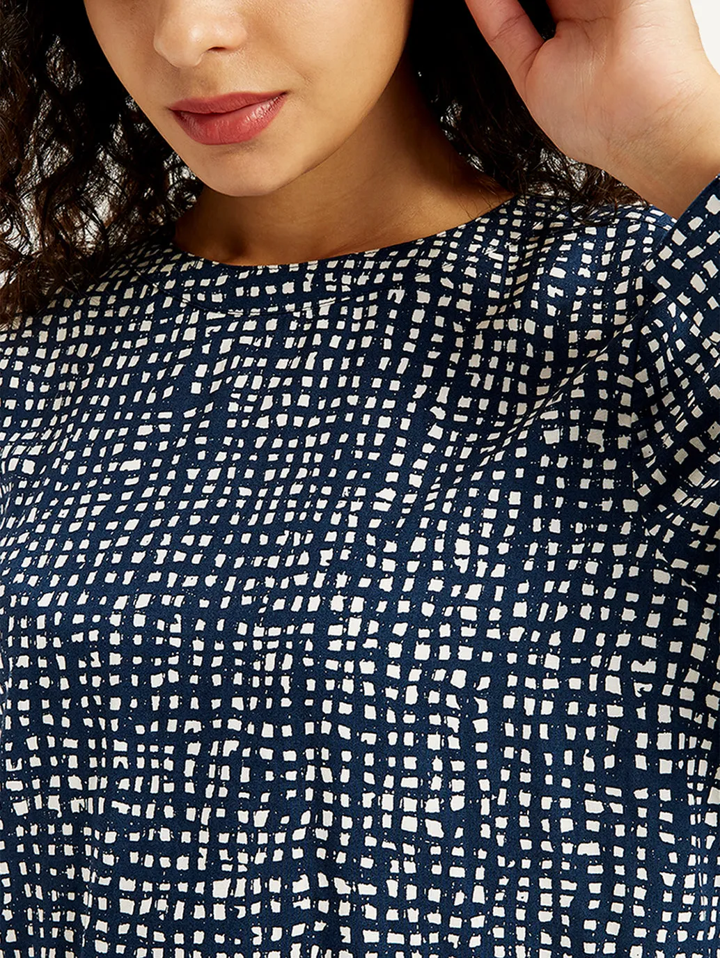 Women's All Over Print Navy Round Neck Top