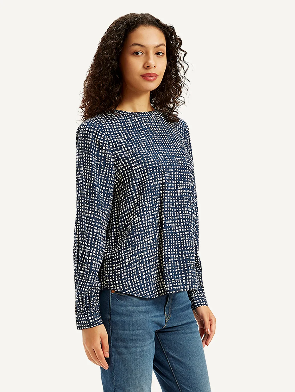 Women's All Over Print Navy Round Neck Top
