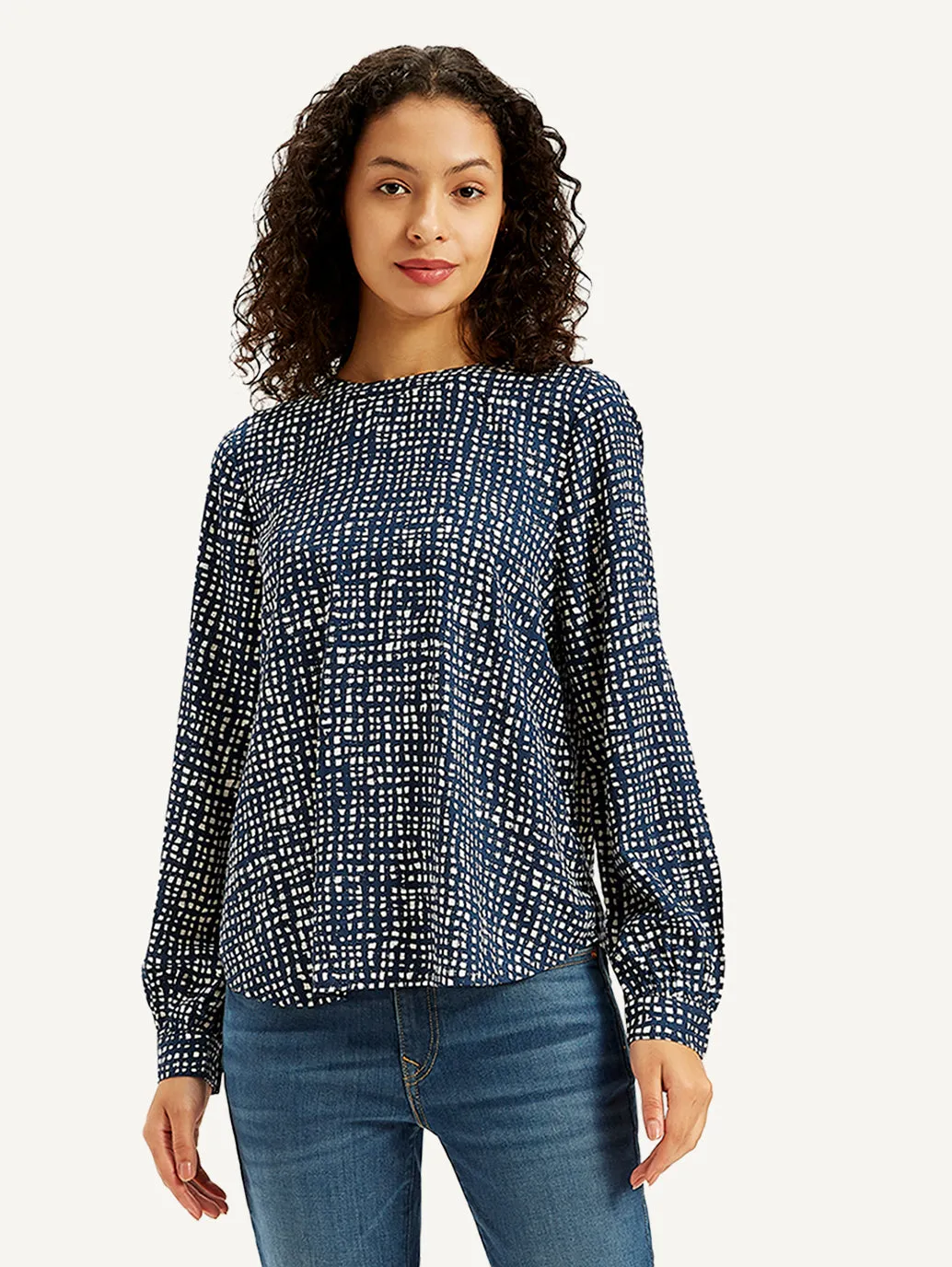 Women's All Over Print Navy Round Neck Top