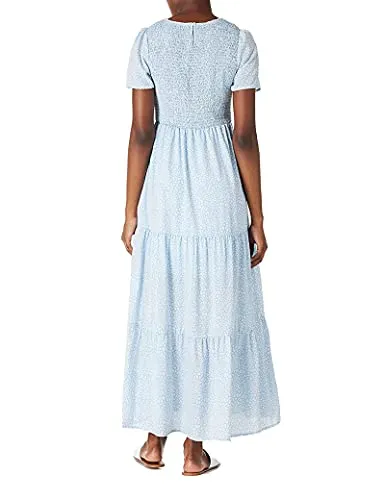 Women's Casual Flowy Floral Tiered Wrap Maxi Dresses Short Sleeve Loose Long Beach Sundress Summer Blue