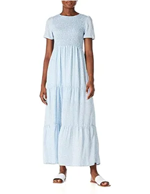 Women's Casual Flowy Floral Tiered Wrap Maxi Dresses Short Sleeve Loose Long Beach Sundress Summer Blue