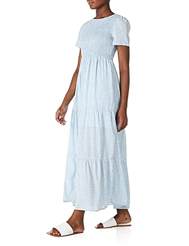 Women's Casual Flowy Floral Tiered Wrap Maxi Dresses Short Sleeve Loose Long Beach Sundress Summer Blue