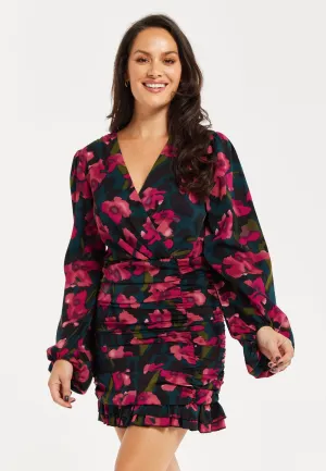 Women's Mini Dress with Balloon Sleeves, Floral Print and Front Ruching in Charming Pastel Colors - Liquorish