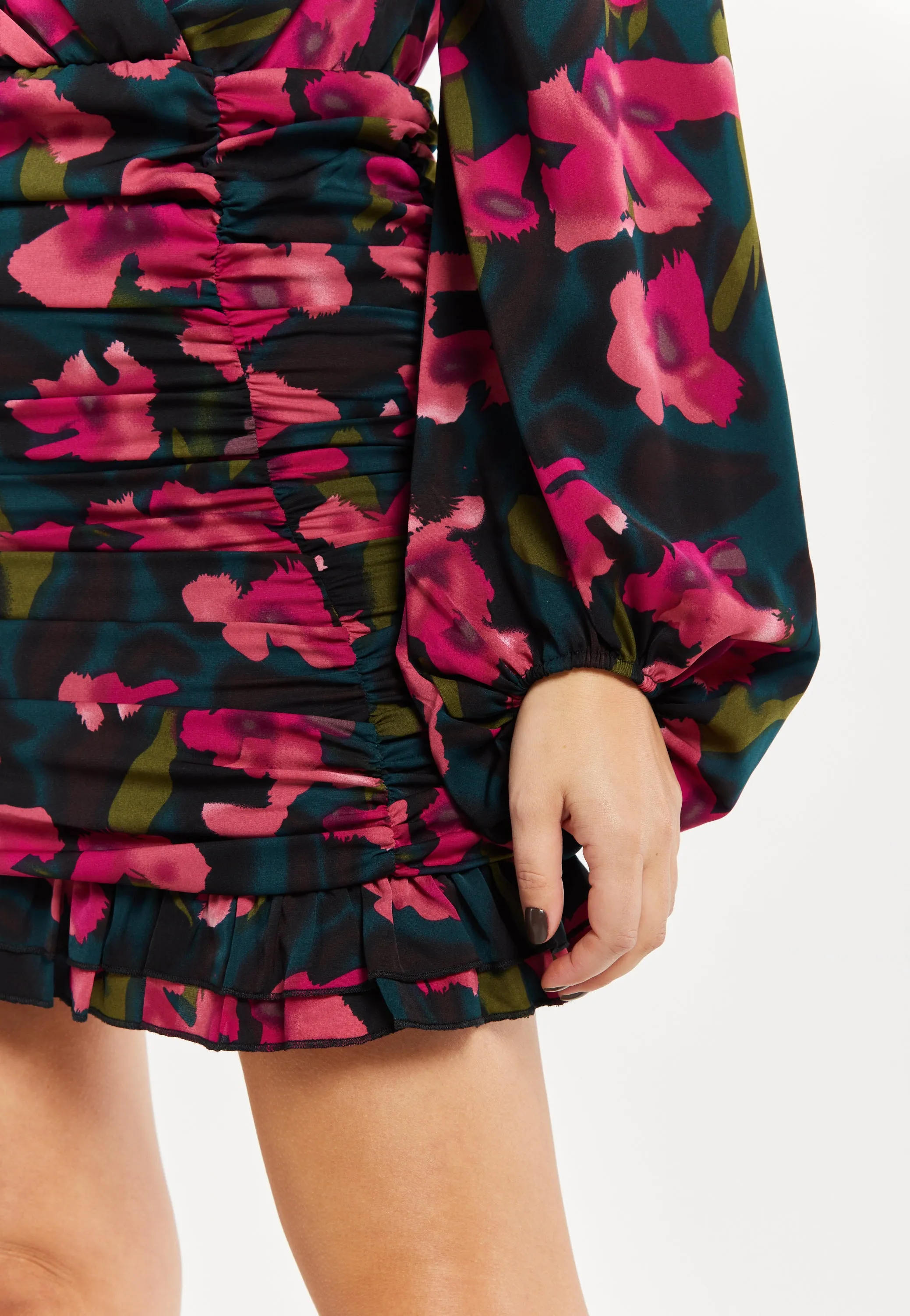 Women's Mini Dress with Balloon Sleeves, Floral Print and Front Ruching in Charming Pastel Colors - Liquorish