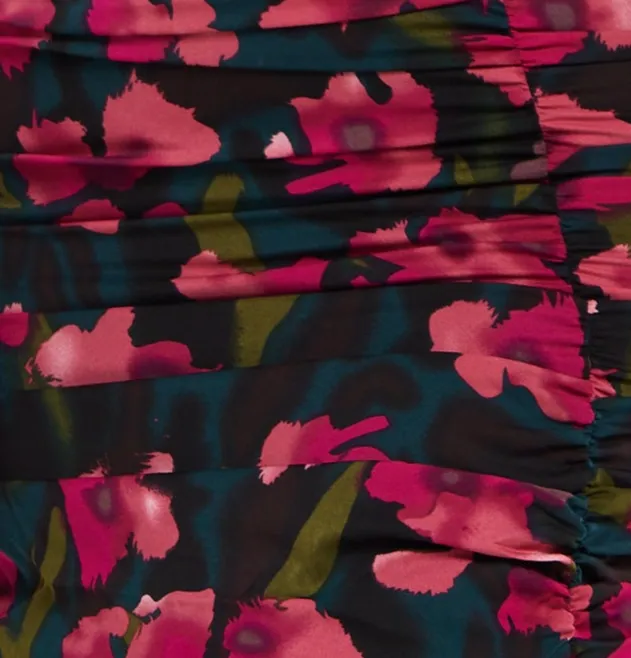 Women's Mini Dress with Balloon Sleeves, Floral Print and Front Ruching in Charming Pastel Colors - Liquorish