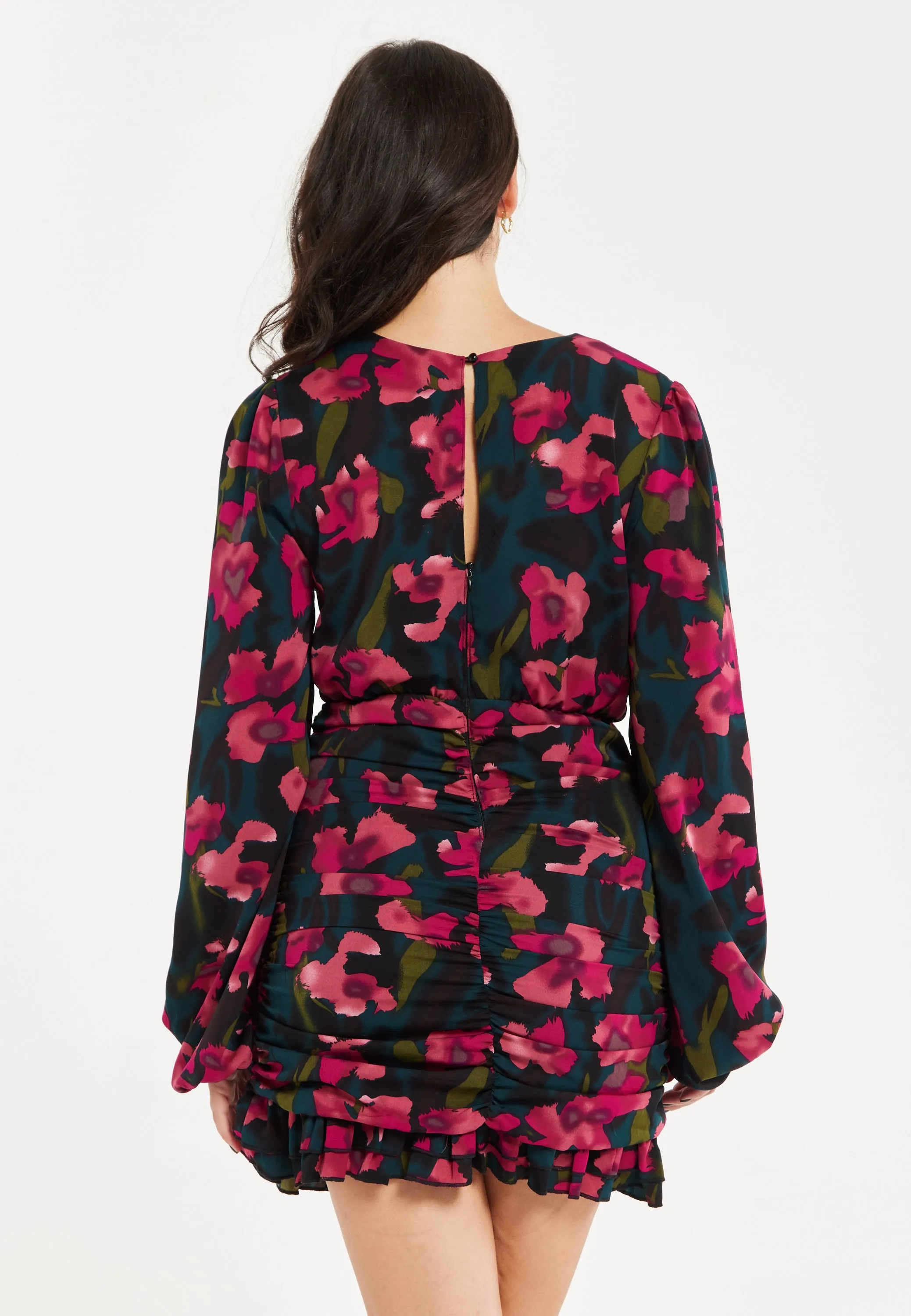 Women's Mini Dress with Balloon Sleeves, Floral Print and Front Ruching in Charming Pastel Colors - Liquorish